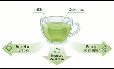a cup of green tea with floating labels of antioxidants (EGCG, catechins).