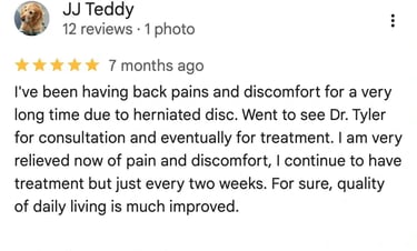 J Teddy relieved of pain from herniated disc, improving quality of daily living through treatment.