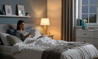 a woman is reading a book while laying in bed