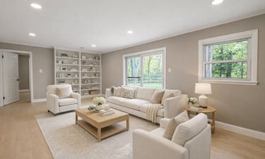 Basement finishing project in Northern VA featuring new drywall, recessed lighting, and waterproof f