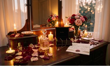 Vintage vanity with perfume bottles, lit candles, red rose petals, and a handwritten love letter.