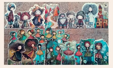 Decorazioni cameretta neonato, grande quadro collage materico con sfilata di gnomo, bimbi e fatine alate. - Guance Rosse