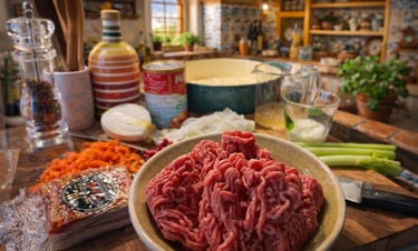 Fresh ground beef in a bowl with chopped vegetables and kitchen ingredients for a homemade recipe.
