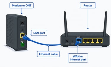 Diagram showing a modem or ONT LAN port connected by Ethernet cable to the router WAN or Internet port.