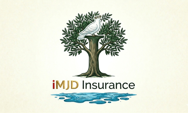 iMJD Insurance logo featuring a white dove perched on an olive tree above a blue water puddle.