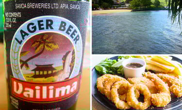 Pausa para almoço em Pago Pago com cerveja local e porções típicas, com o mar azul ao fundo e a bris