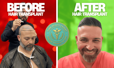 a gauche un patient avant la greffe capillaire, a droite meme person apres la greffe de cheveux