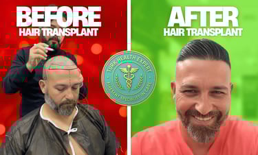 a gauche un patient avant la greffe capillaire, a droite meme person apres la greffe de cheveux