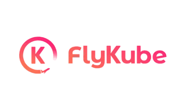 FlyKube logo with pink gradient text and an airplane icon circling the letter K on a black background.