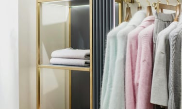 Organized closet with neatly arranged clothing (color coordinated) - home organizing.