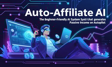 a man sitting on a couch with a laptop and headphones and with a text Auto Affiliate AI