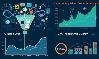 Conceptual graphic of CAC analysis showing multi-touch attribution, a 90-day cycle, and organic cost