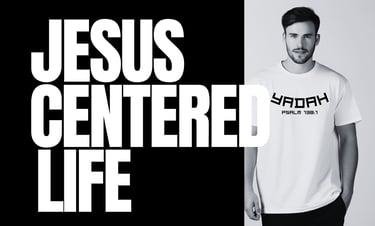 a man in a white shirt and black and white text jesus centered life...Christian Apparel