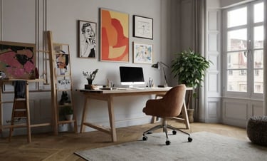 Home office organizado com estante de livros aberta e decoração em tons neutros.
