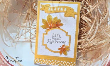 Handmade greeting card in golden accents, leaves and name