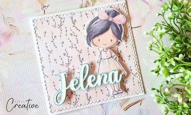 Handmade greeting card with a cute girl and name 'Jelena' on it