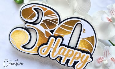 Greeting card made with Cricut in a shape of a 30 number, in golden accents