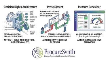 Infographic outlining ProcureSynth procurement strategy focusing on decision rights architecture, dissent, and CPO behavior