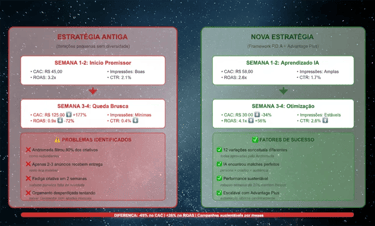 Resultados campanhas Meta Andromeda - estratégia antiga vs framework PDA