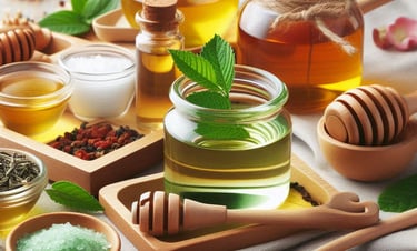 green tea and honey in jars, with variety of ingredients in background