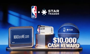 NBA and Star Trader partnership promotion featuring a $10,000 cash reward, basketball tickets, and store vouchers.