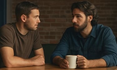 två män som sitter vid ett bord och samtalar