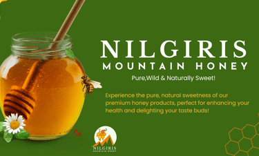 a  gold jar of honey with a honeycomb honey bee in green background nilgiris mountain for skin glow