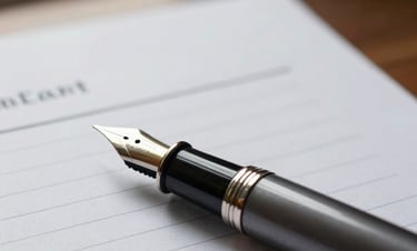 Macro shot of a classic fountain pen resting on structured high-weight legal paper, soft natural side lighting from an office window, shallow depth of field.
