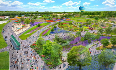 2027年国際園芸博覧会の会場イメージ図で、花や緑に囲まれた庭園エリアと来場者の様子を上空から示したもの｜堺市のニュースならサカイタイムズ
