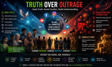 An infographic titled Truth Over Outrage showing diverse people using smartphones and tips to combat misinformation online.