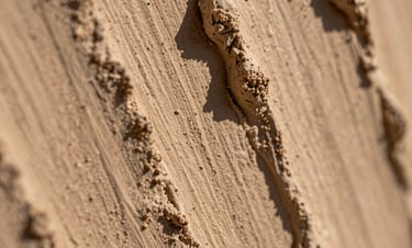 An extreme macro shot showing the physical thickness and heavy-body plaster texture of a canvas, with natural side-lighting casting soft shadows across raw ochre mineral pigment.
