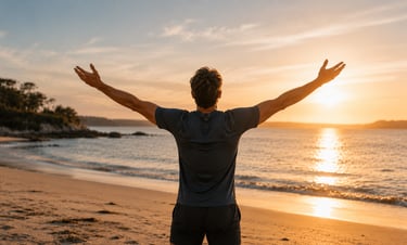Homme de dos levant les bras face à la mer au coucher du soleil : respiration, récupération et gestion du stress
