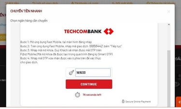 Minh họa gửi tiền nhập OTP bằng Techcombank