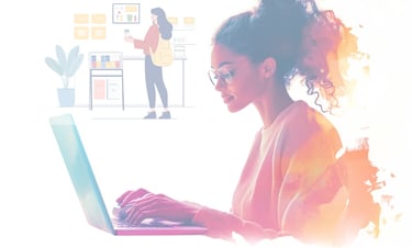 colourful image of a woman copywriting with a smaller image of a woman buying a product