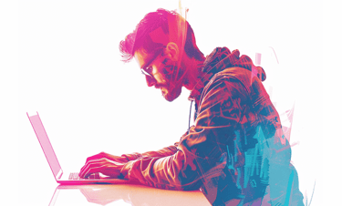 colourful image of a man working on a laptop against a white background