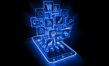 Phone in neon blue with social media icons coming out of the screen, black background