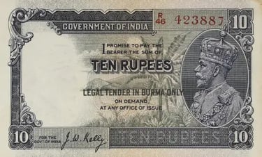 Burma Banknote Overprint King George V 10 Rupees