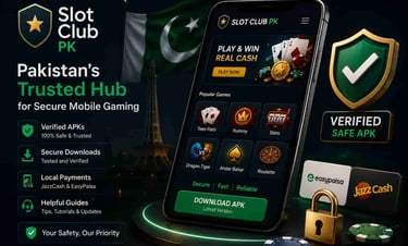 "Slot Club PK About Us banner for trusted APK reviews, mobile gaming guides, and secure downloads in