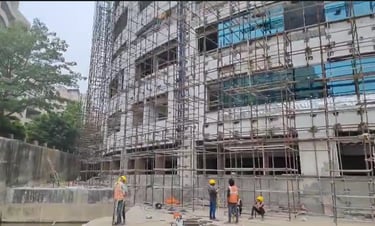 Steel framework installation in hospital building.