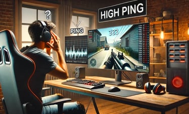 Gamer de PC frustrado por lag y alto ping en partidas competitivas, analizado por MBTECNIC