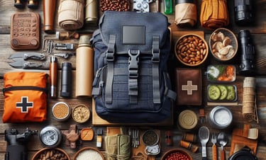 black backpack with various items for survival uses