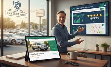Independent car dealer presenting local SEO dashboard showing Google reviews, website traffic growth
