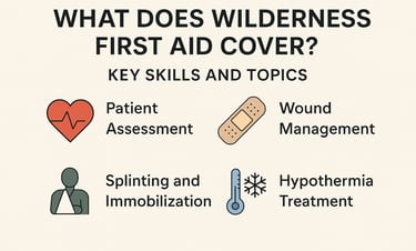 Wilderness first aid training overview graphic, covering wound care, splinting, hypothermia, and emergency skills