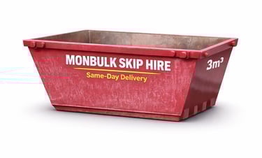 maroon 3m3 mini skip bin with monbulk skip hire same day delivery written on the side in yellow