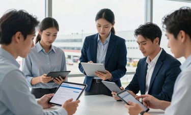 A diverse group of professional logistics experts in a clean, modern office environment, reviewing driver applications on tablets. A large window in the background shows a logistics hub. The style is authoritative and approachable, with high-quality lighting and professional corporate attire in tones of #0A1C2B and #E0E8ED.