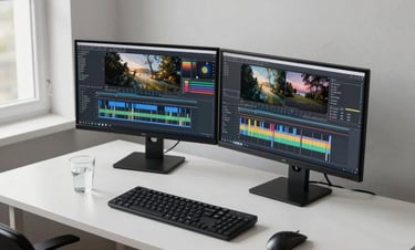 Close wide shot of a minimalist editing workstation from a slightly elevated angle — dual monitors showing color-graded footage timelines, a glass of water, a single pen on a clean desk, natural window light from the left casting soft even illumination, no personal items or clutter