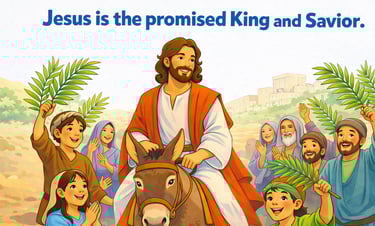 Illustration of Jesus riding a donkey during Palm Sunday with crowds waving palm branches.