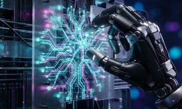Macro close-up of a sleek 3D robotic hand assembling glowing cyan neural network nodes, dark futuristic background, translucent glassmorphism textures, cinematic studio lighting, octane render