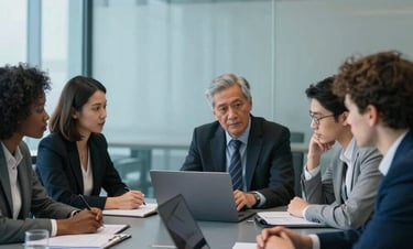 A diverse group of IT professionals in a sleek, glass-walled conference room. They are engaged in a professional discussion over a slim laptop. The environment is lit with bright, cool light, incorporating slate blue and dark navy tones.