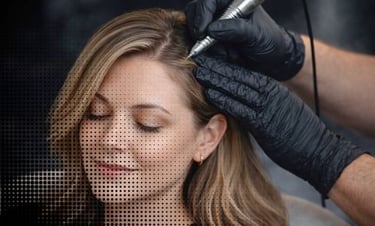 Professional scalp micropigmentation procedure for hair thinning treatment on a blonde woman.